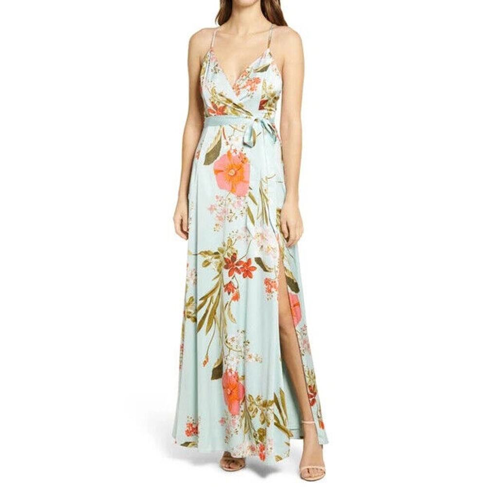 Lulus Still the One Faux Wrap Gown Sleeveless Floral Sage Green Women's Size M